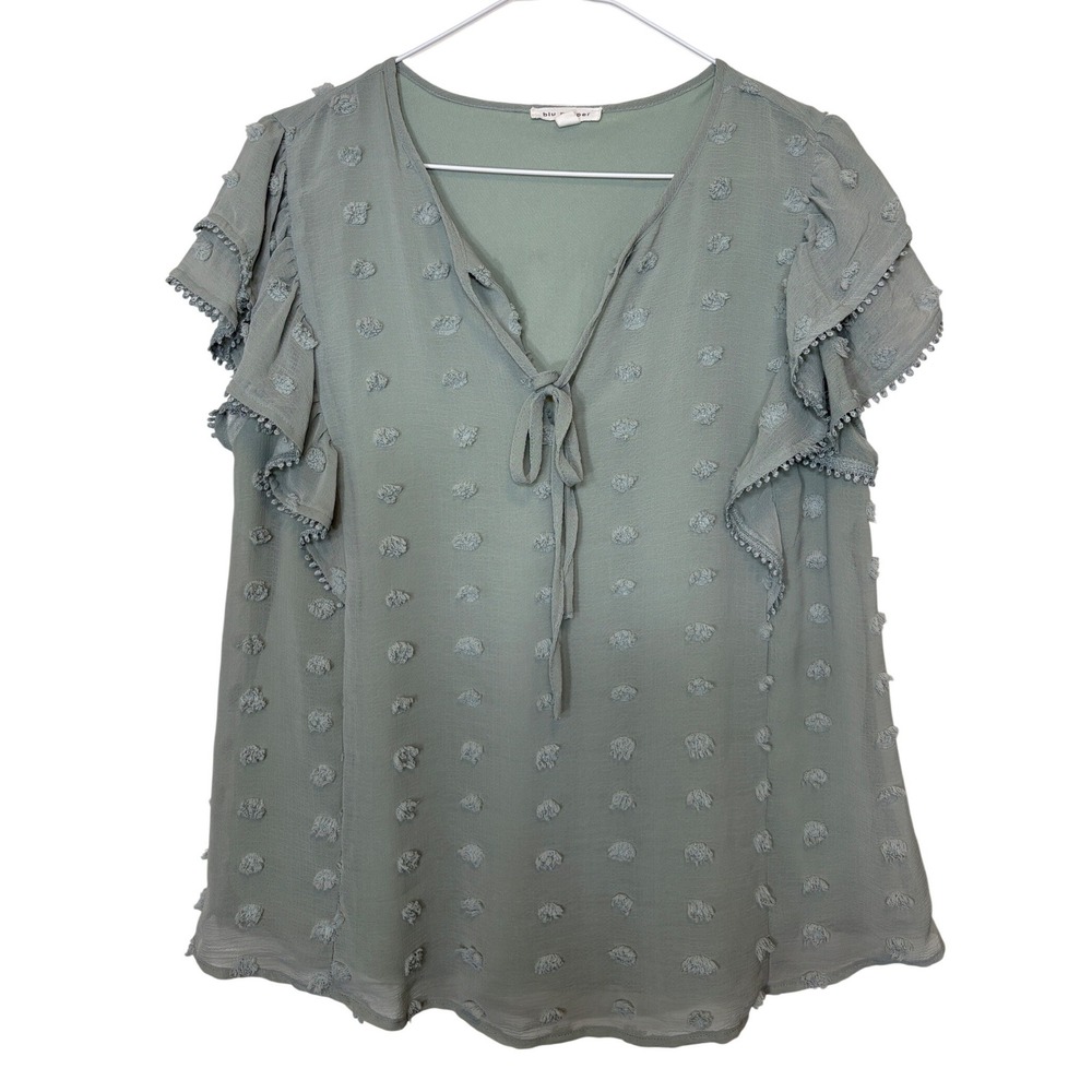 Blu Pepper Sage Green Swiss Dot Blouse Medium Cottagecore Boho Ruffle Tie Neck